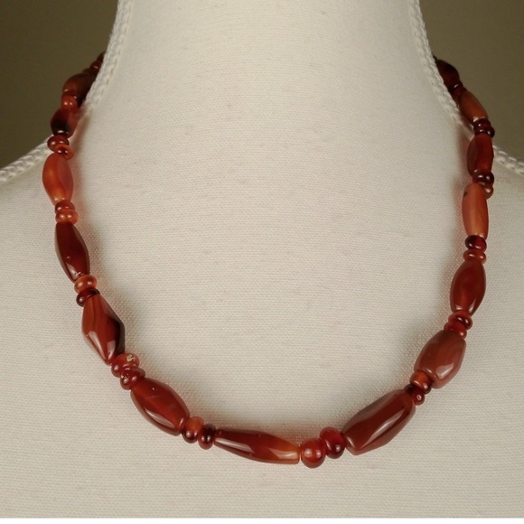 Jewelry - Vintage Carnelian Agate Beaded Necklace Red Orange Natural Stone Adjustable 20"